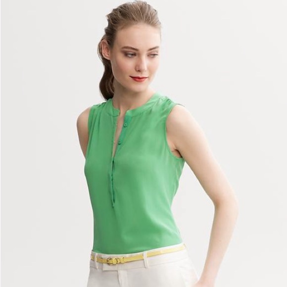 Banana Republic 100% silk green sleeveless snap front button tank blouse Sz 10 - Picture 1 of 9